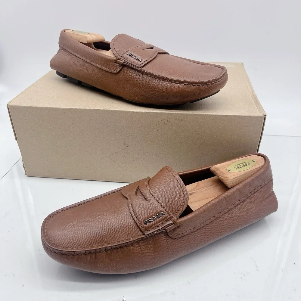 PRADA Saffiano Men's Driver Loafer Logo Ostrich BrownLeather 2DD151 EU 41 US 8